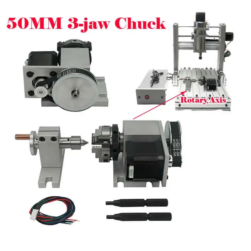 

50mm cnc rotary axis kit 4th axis 3 jaw chuck two phase 42 stepper motor tailstock for lathe cnc router engraver milling machine