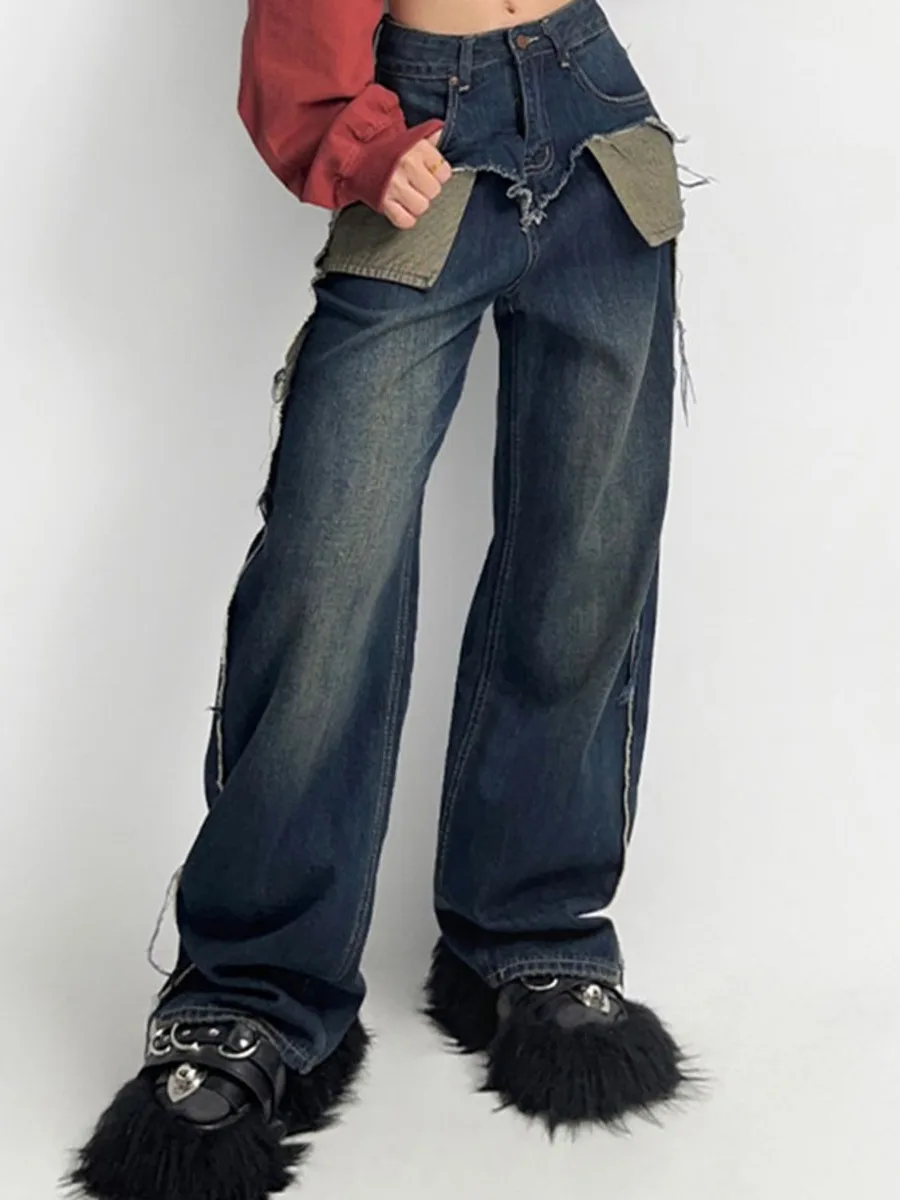 

Американские ретро джинсы Mom, широкие штаны, состаренные джинсы бойфренда в стиле пэчворк для женщин, джинсовые брюки, корейская мода