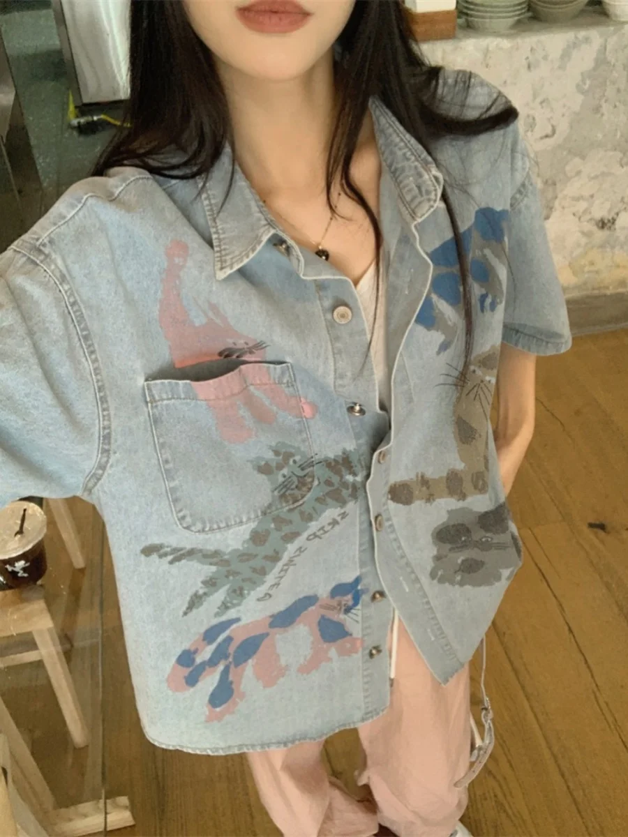 Gaganight Женская индивидуальная Милая джинсовая рубашка с принтом и коротким