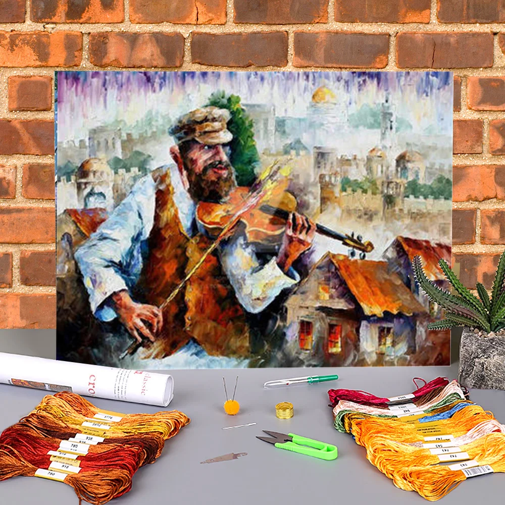

Fiddler In Jerusalem Pre-Printed 11CT Cross Stitch Embroidery Set DMC Threads Craft Painting Hobby Sewing Counted Home Stamped