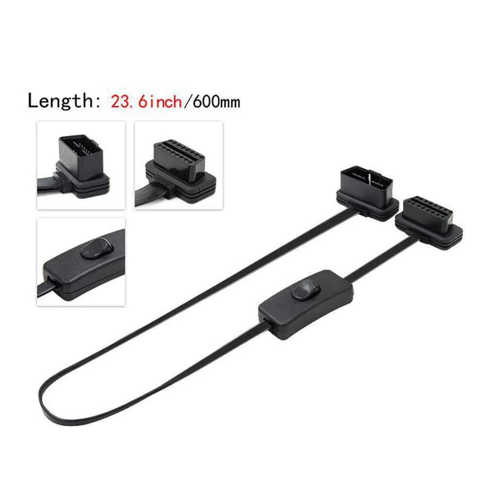 

60cm flat Noodle 16 Pin Socket OBD OBDII OBD2 16Pin Male To Female Car Scanner Extension Cable 8Core Connector with switch