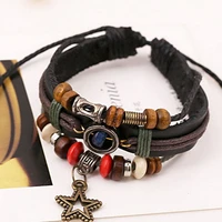 vintage pentagram pendant beaded leather bracelet new leather charm bracelet men women fashion multilayer jewelry gifts