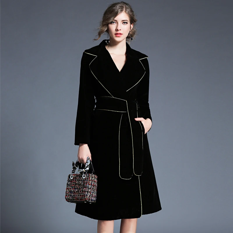 

2022 High Quality Runway Women's Gold Trim Notched Winter Dress Women Long Sleeve Black Velvet Dress Vestidos