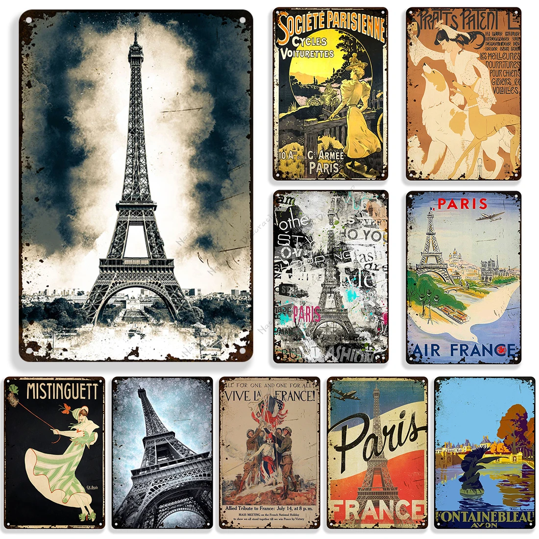 

France Poster Travel Metal Poster Eiffel Tower Decorative Sign Paris Retro Metal Sign Wall Plate Home Garage Industrial Decor
