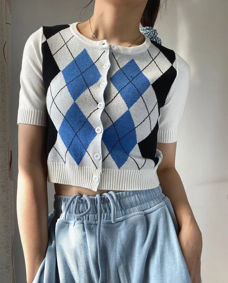 

Женский трикотажный кардиган с коротким рукавом, однобортный приталенный однобортный Кардиган с узором ромбиками в винтажном стиле, модел...