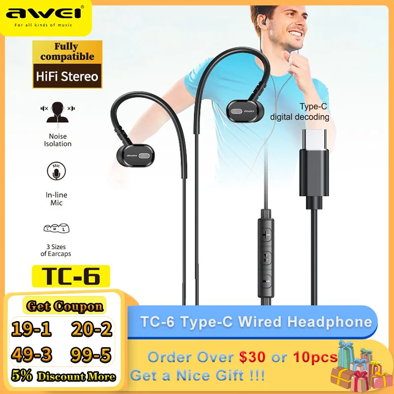 Awei TC-6 наушники Type-C проводные USB C шумоподавляющие черного цвета гарнитура для