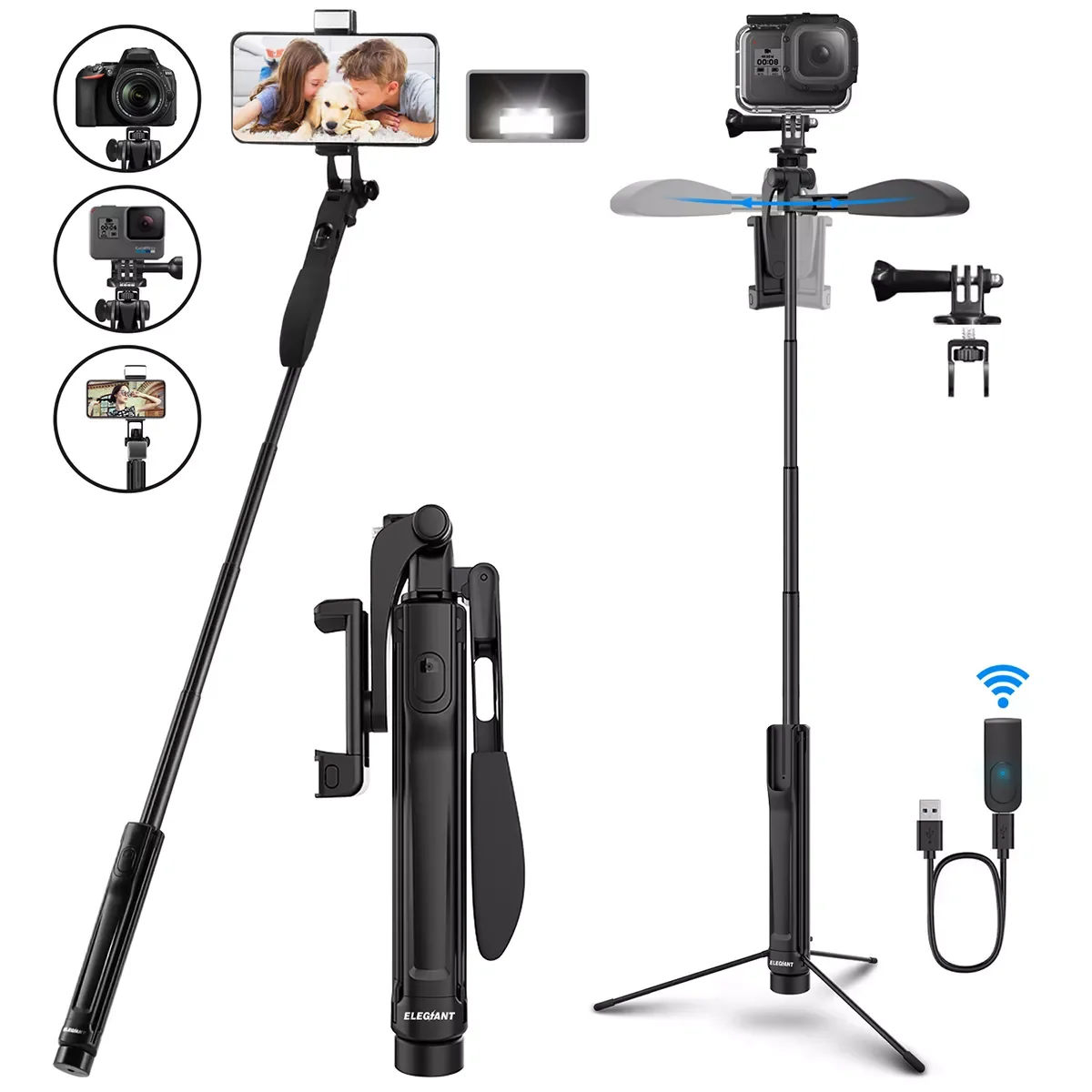 

ELEGIANT EGS-07 bluetooth селфи-палка, штатив с поворотом на 360 ° и ручкой для балансировки видео светодиодный светильник с дистанционным управлением д...