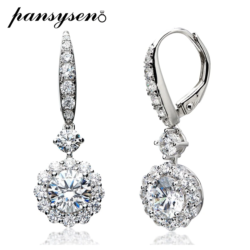 

PANSYSEN 100% 925 Sterling Silver Round Cut High Carbon Diamond Wedding Drop Earrings Girls 18K White Gold Plated Fine Jewelry