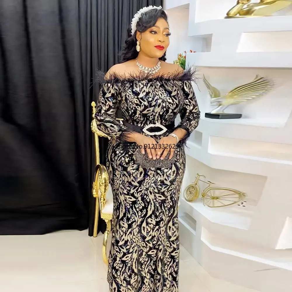 

Plus Size Turkey African Party Dresses for Women 2022 New Off Shoulder Luxury Sequin Wedding Evening Gown Elegant Christmas Robe