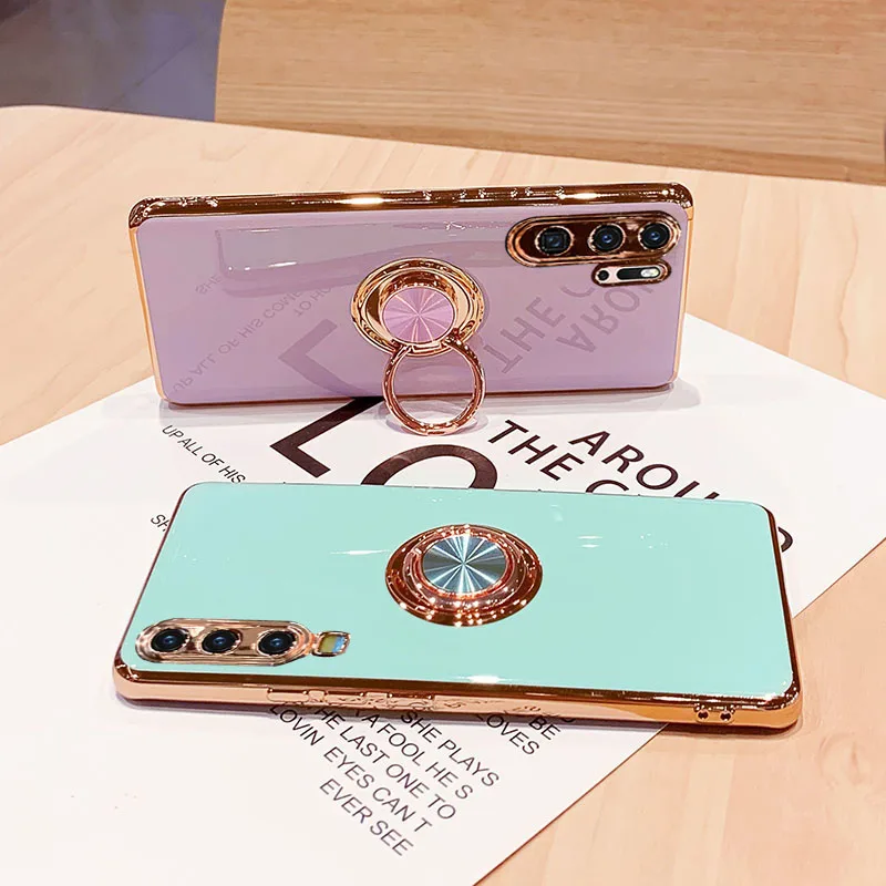 luxury plating silicone case for huawei p30 pro p20 mate 20 p40 honor 20 30 pro nova 5t phone soft magnet cover with ring holder free global shipping