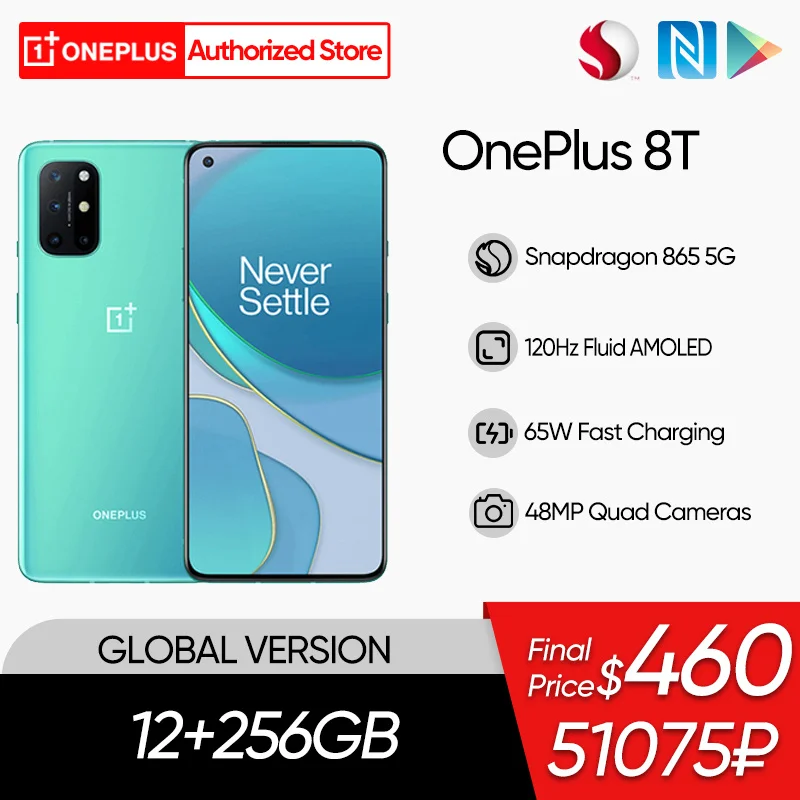 

Oneplus 8T 5G Smartphones Global Version 6.55 inches 120Hz Fluid AMOLED Display Snapdragon 865 Octa Core 65W Warp Charge 4500mAh