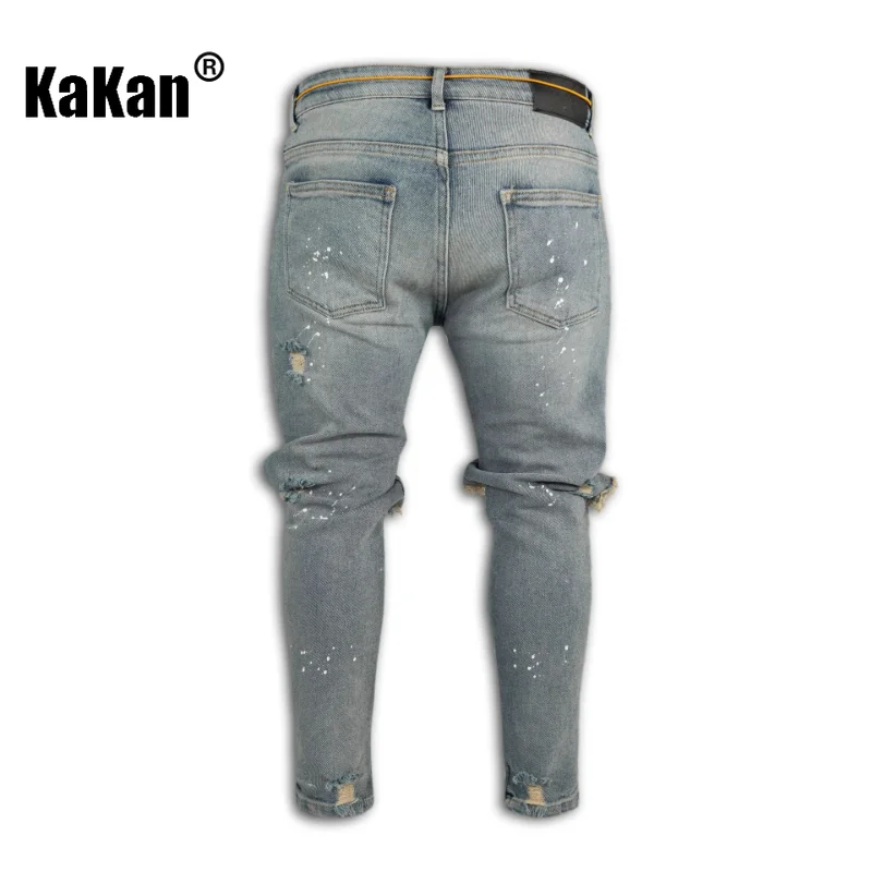 Kakan - European and American New Tight Feet Painted Perforated Jeans for Men, Light Blue Black Wash Jeans K40-1973