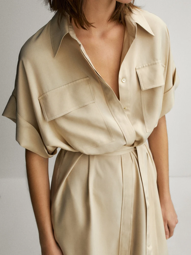 

Женское однобортное платье средней длины, свободное платье-рубашка с отложным воротником и короткими рукавами, с поясом и карманами, лето
