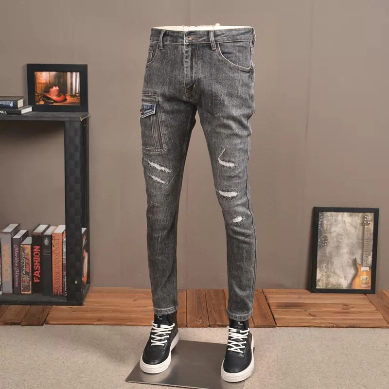 Streetwear Fashion Men Jeans Retro Gray Stretch Slim Fit Ripped Jeans Men Trousers Pocket Designer Patched Hip Hop Pants Hombre