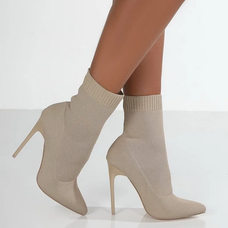 

New Women Socks Shoes Stretch Fabric Women Ankle Boots Pointed Toe High Heels Slip-On Sexy Sock Heeled Chelsea Boots Party Pumps