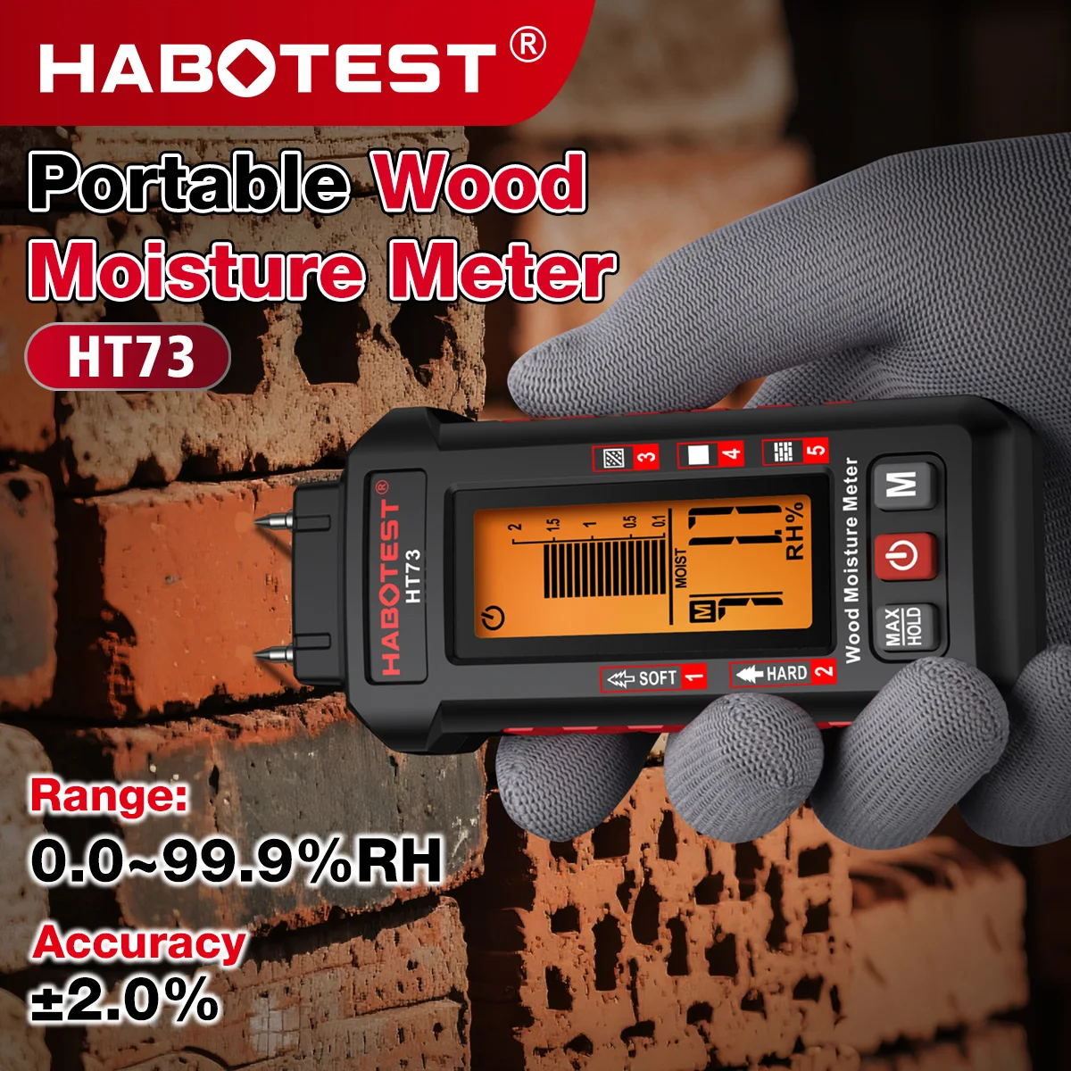Фото Влагомер для древесины HABOTEST HT73 (контактный тип), 5 режимов для различных материалов, трехцветная подсветка, диапазон влажности 0-99.9% RH, корпус из ABS-пластика, глубина измерения до 10 см, гарантия 1 год. №5