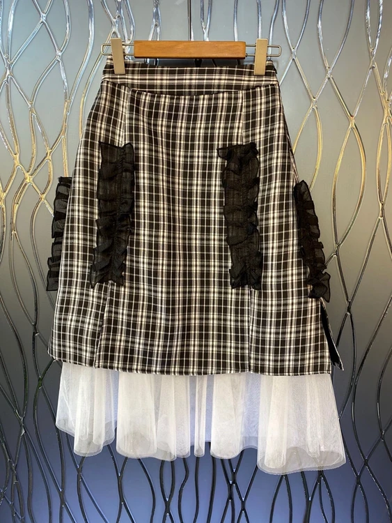 

2022 new women fashion plaid mesh lace mid-skirt skirt 318