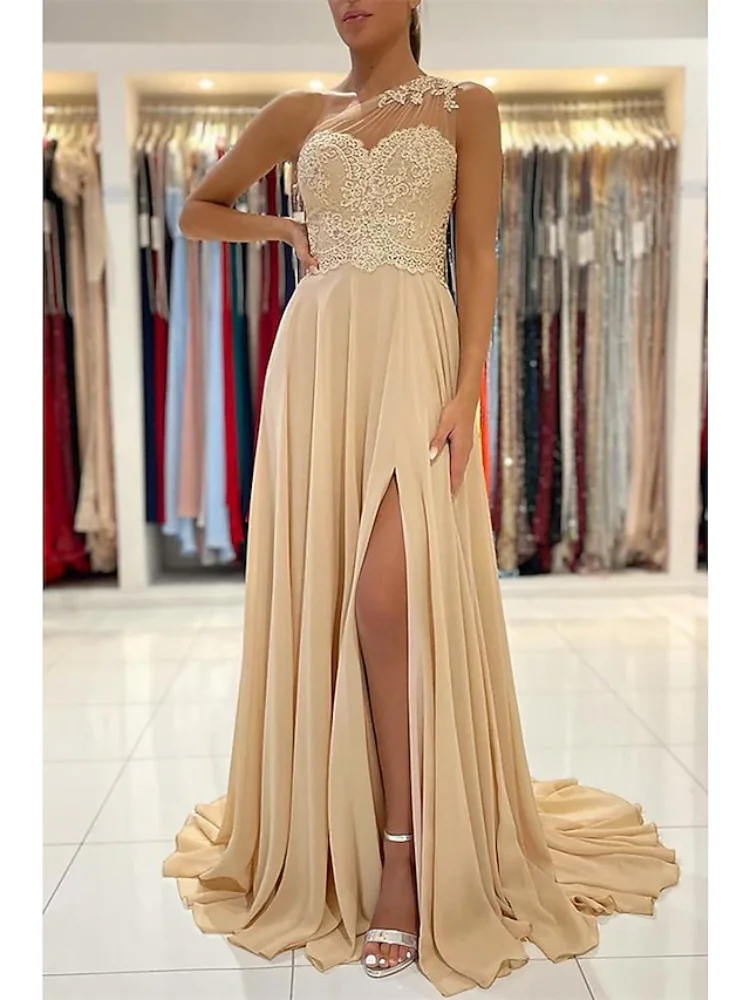 

A-Line Sexy Evening Gown Formal Court Train Sleeveless One Shoulder Chiffon with Slit Appliques Prom Party Dresses