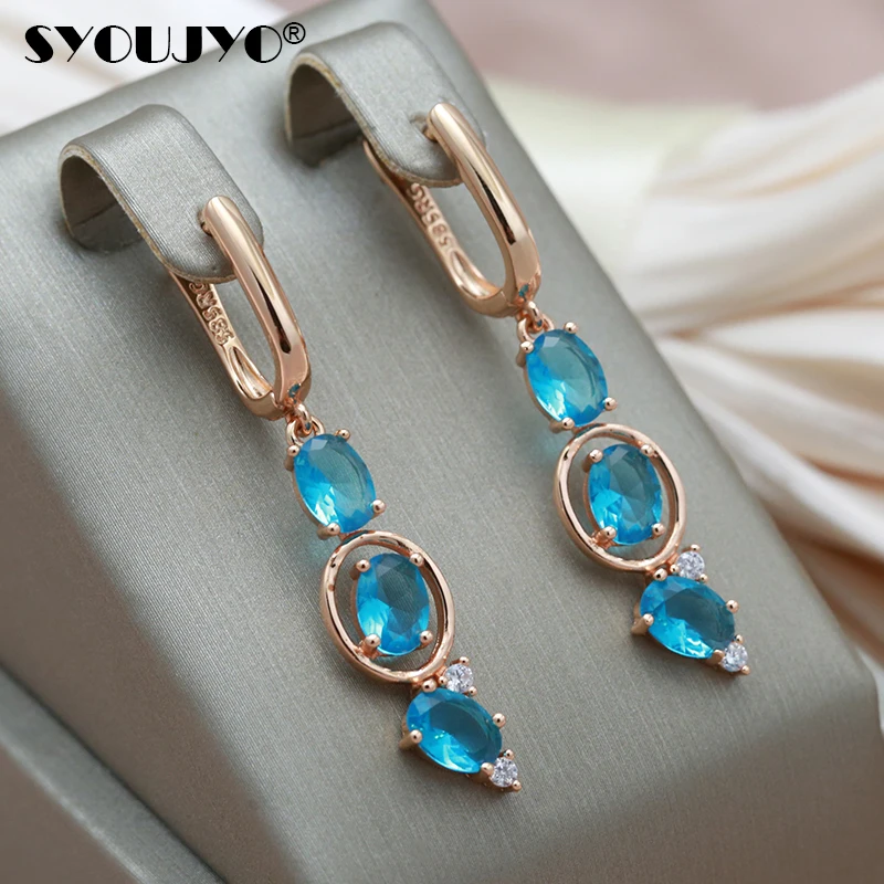 

SYOUJYO Fashion Blue Round Natural Zircon Dangle Earrings For Women 585 Rose Gold Fine Jewelry Vintage Long Drop Earrings