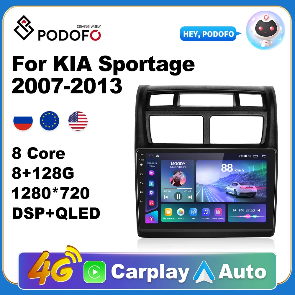 

Podofo AI Voice Car Radio Android Auto Multimedia Player For Kia Sportage 2007-2013 Carplay 4G 2din GPS autoradio