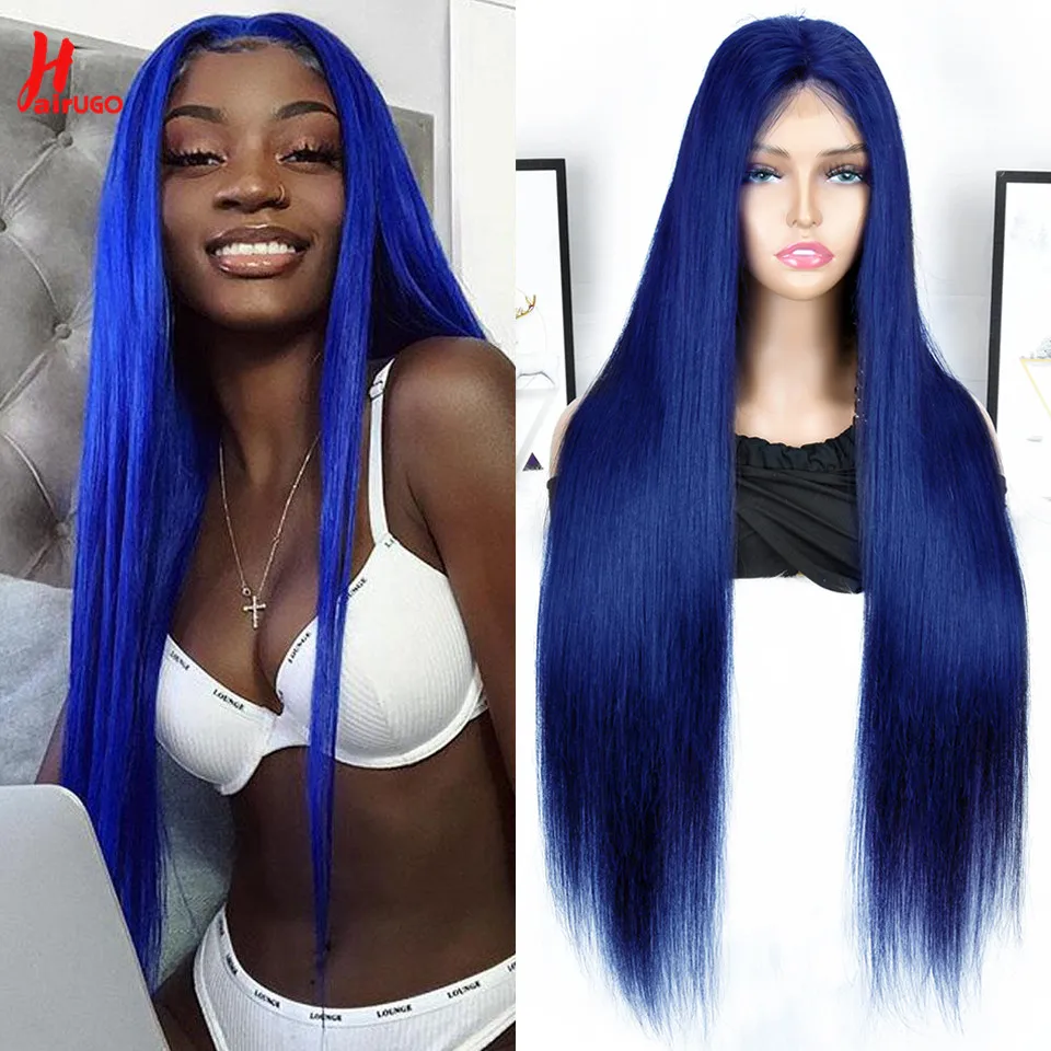 HairUGo Dark Blue Straight 13x4 Lace Front Wigs Brazilian 13*4 Lace Front Human Hair Wigs Pre Plucked Remy Customizable Colors