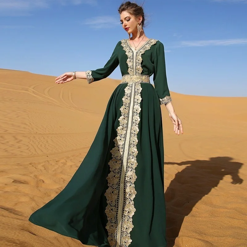 

Lace Embroidered Vintage Ethnic Abaya Dress for Women Loose Belted Middle Eastern Dubai Turkey Arab Moroccan Caftan Eid
