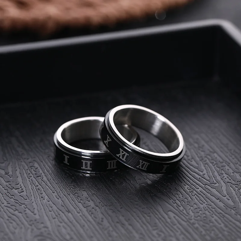 

Creative Black Rotatable Simple Style Roman Numeral Men's Ring Stainless Steel Geometric Domineering Trendy Ring Unisex Fashion
