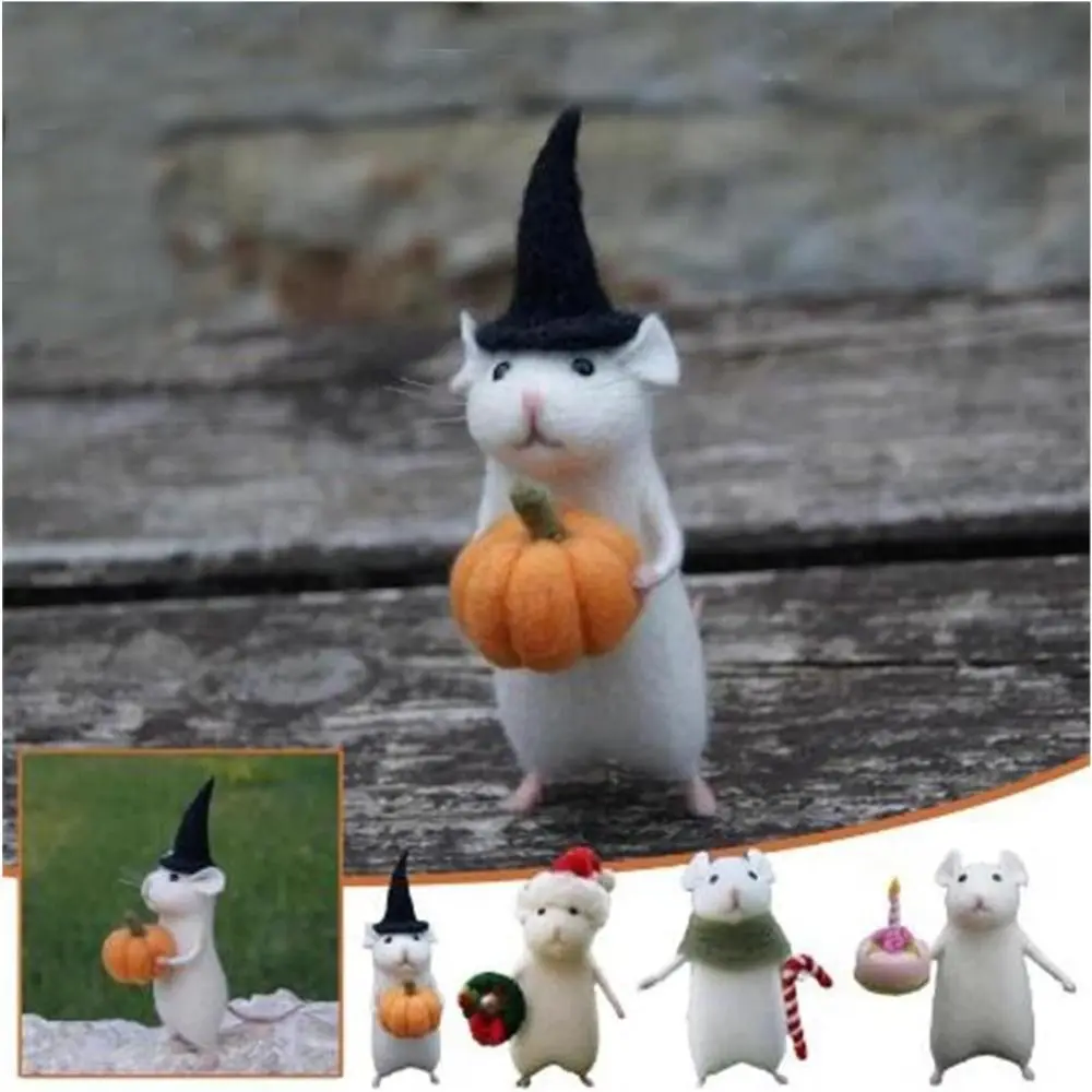 

Handmade Halloween Mouse with A Pumpkin New Cute Wool Felted Animals Wool Felt Christmas Mouse Ornament Needle Fe