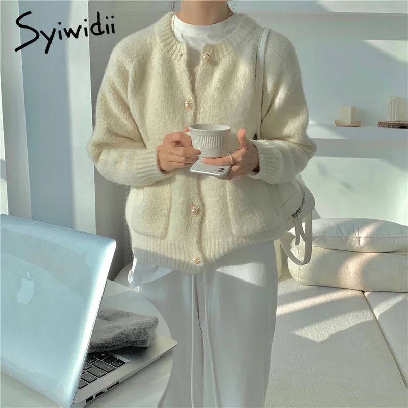 Женский вязаный кардиган повседневный короткий свитер с круглым вырезом и