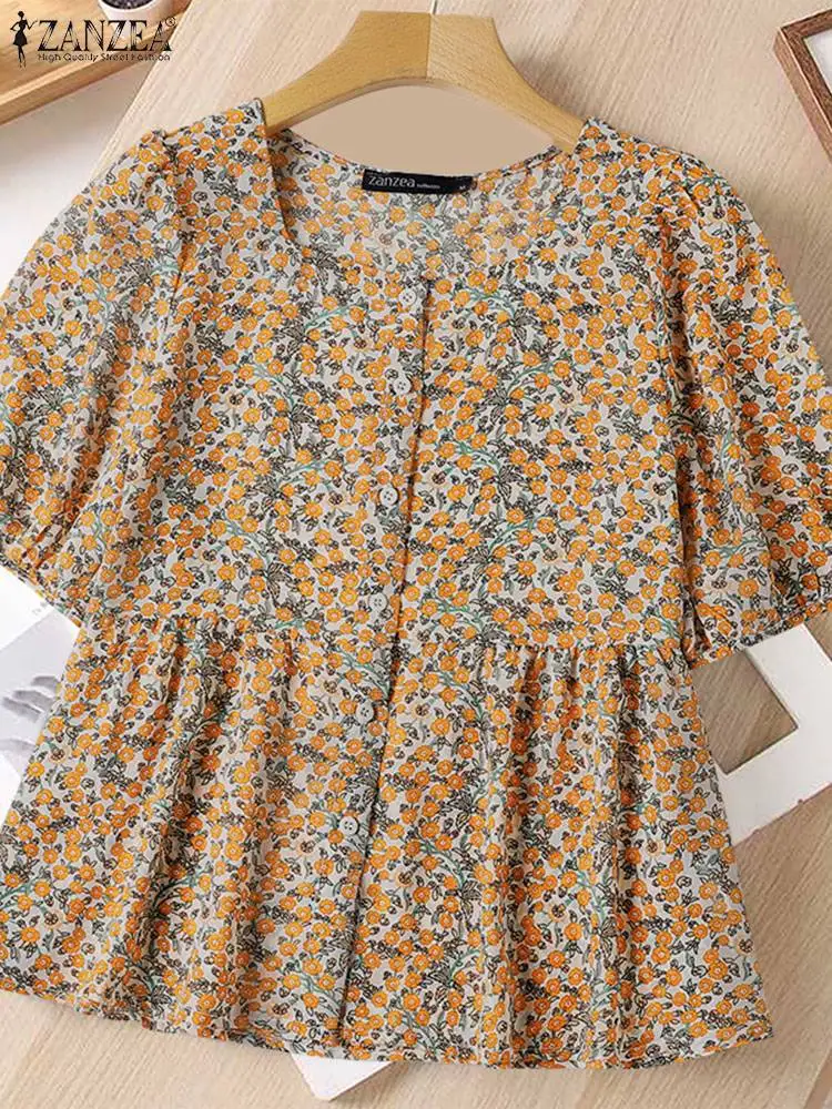 

ZANZEA 2023 Summer Short Sleeve Blouses Vintage Square Collar Cropped Tops Holiday Printing Doll Shirts Casual Loose OL Tunics