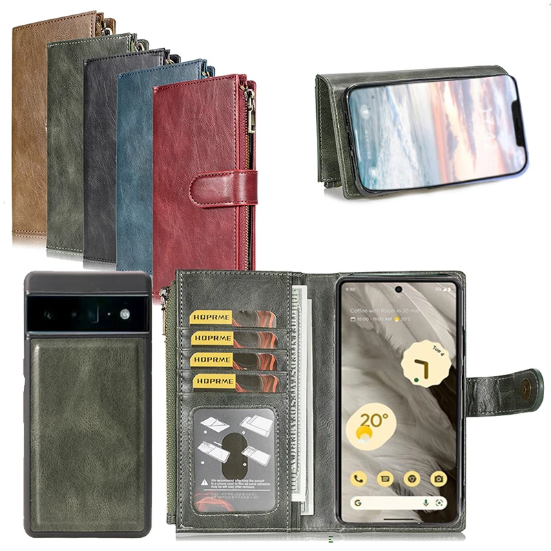 Google Pixel 7 Wallet Case Card Holder Slots for Women Men Magnetic Detachable Leather Zipper Cover Strap for Google Pixel 7 images - 6