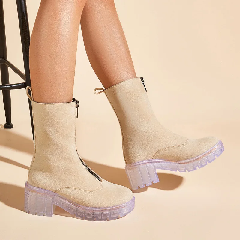 

Riding Boots Shoes Luxury Designer Round Toe Ladies Rubber High Heel Fashion Mid Calf Slip-On Rome Mid-Calf Motorcycle boots La