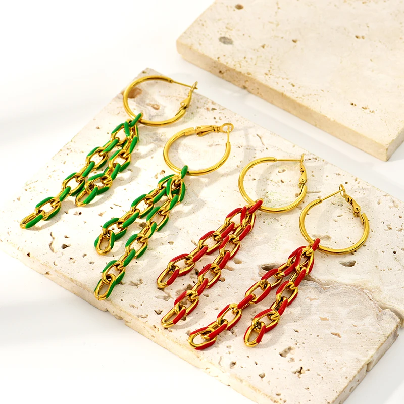 Texture Minimalist Gold Color Chain hoop Drop Dangle Stainless Steel Earrings Personality Fashion Charm Jewelry Occident Women