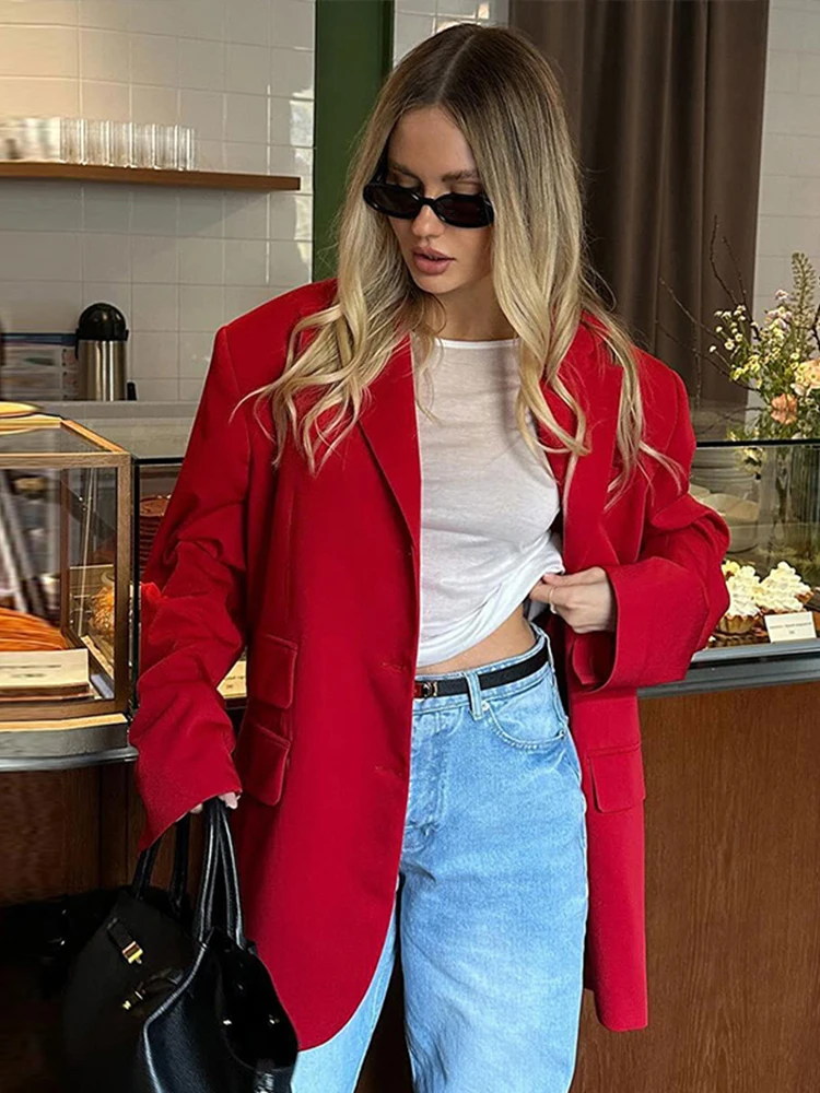 Красный блейзер женские свободные модные городские куртки с лацканами и