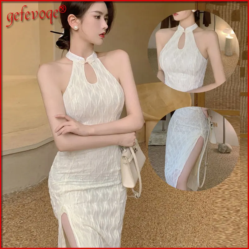 

Vintage Halter Hollow Out Sexy Mesh Chic Elegant Dresses for Women 2022 Summer Sleeveless High Split Bodycon Midi Dress Vestidos