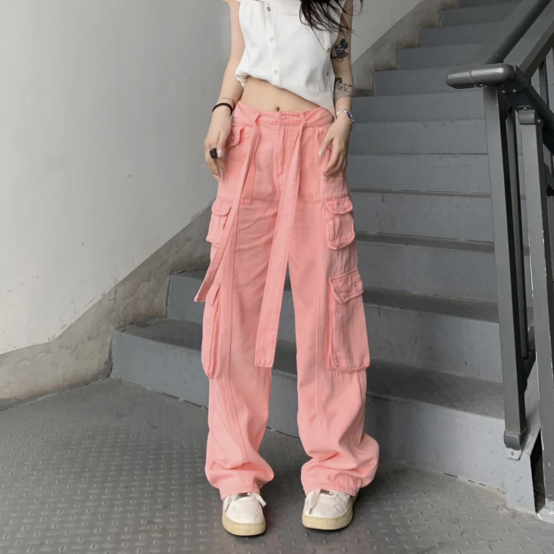 

Новые осенние женские джинсы в стиле преппи в стиле Харадзюку, милые женские розовые джинсовые брюки, хлопковые повседневные свободные шта...