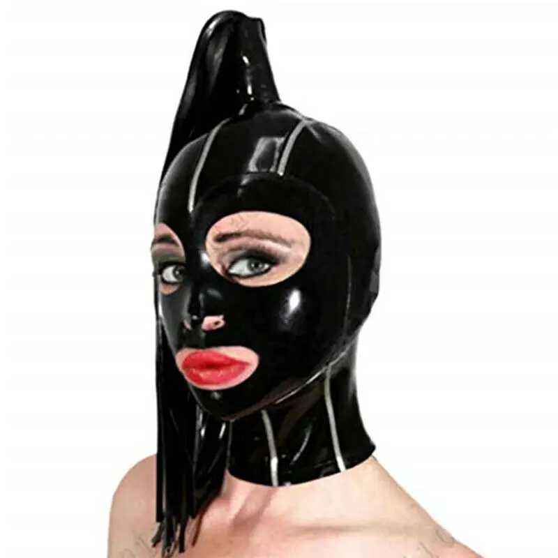 

Black Latex Hood Silver Trim with Black Zip Latex Wig for Women