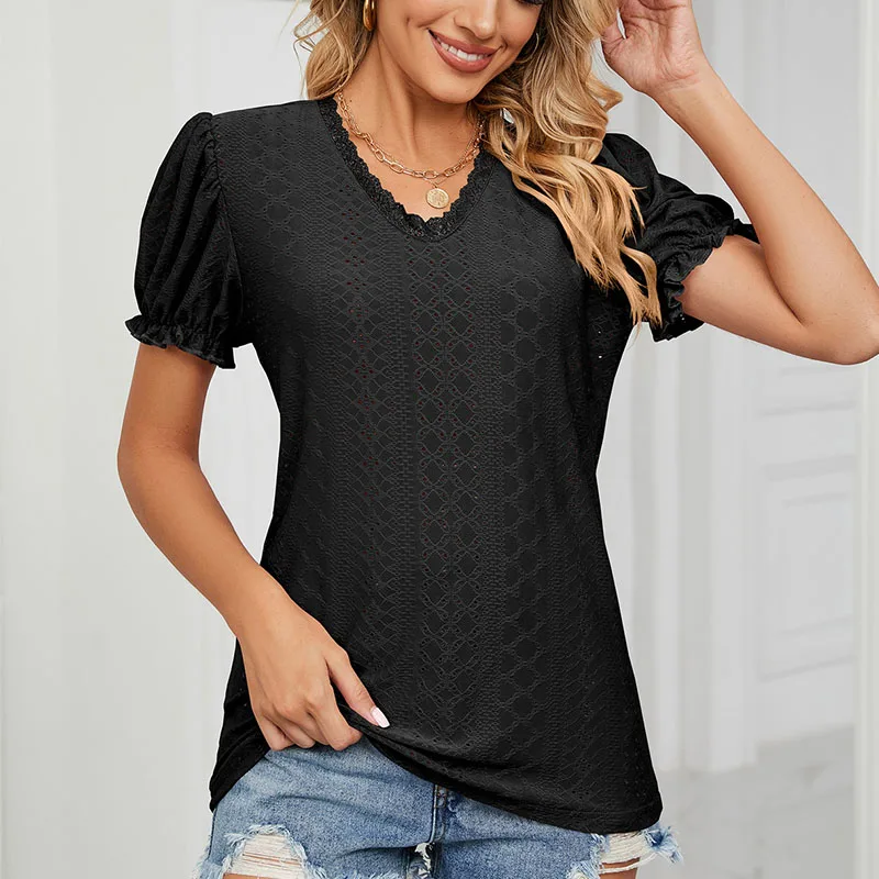

Solid Loose Lace Blouses For Women Fashion 2023 Summer Elegant Chic Women's Luxury Shirts And Blouses Female Hollow Out Top