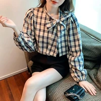 spring 2022 cotton plaid bow casual shirts and blouse women fashion tops office lady work wear clothes