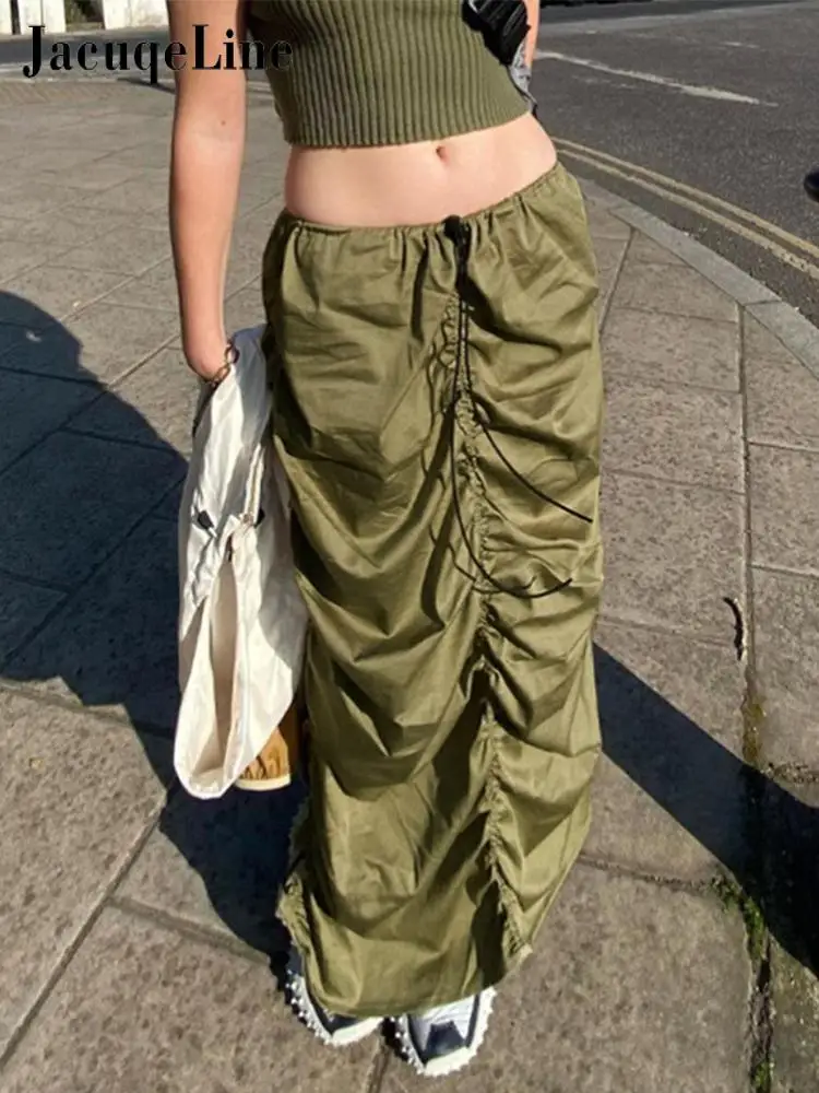 

Jacqueline 2022 Army Green Sexy Low Waist Midi Skirts Women Ruched Drawstring Retro Hippie Long Baggy Skirt Street Y2K Clothes