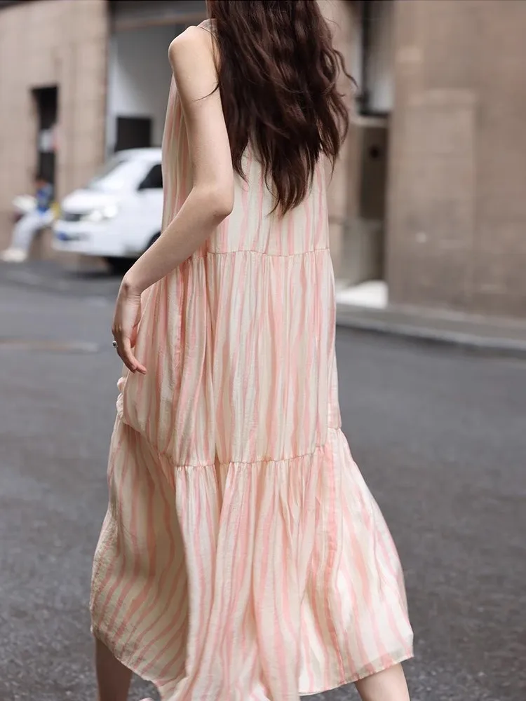 Женское летнее платье-жилет в розовую полоску приталенная длинная свободная