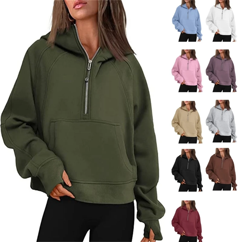 

Womens Cropped Hoodie Half Zipper Pullover Solid Color Quarter Up Sweatshirts Hooded Winter Clothes