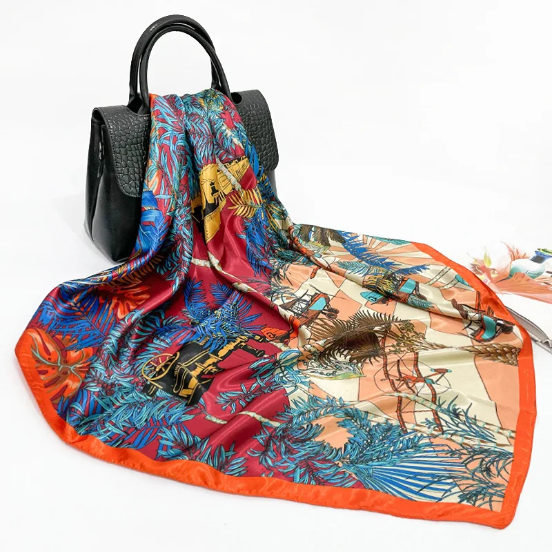 

90*90cm Silk Feeling Spring Square Scarf for Women Design Chain Print Hair Band Foulard Female Office Neckerchief Lady Bandana