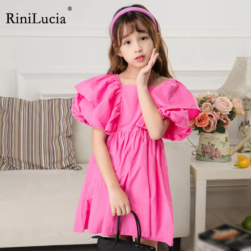

RiniLucia Summer Outfits Dresses Baby Girl Clothes Korean Style Cute Petal Short Sleeve Square Collar Cotton Casual Midi Dress