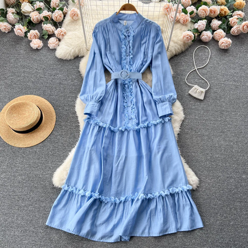 

Женское платье с длинным рукавом, подиумное дизайнерское ТРАПЕЦИЕВИДНОЕ ПЛАТЬЕ, однобортное платье с рюшами, халаты