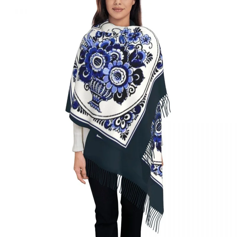 

Stylish Dutch Blue Flowerpot Butterfly Print Tassel Scarf Women Winter Fall Warm Shawls Wraps Lady Scarves