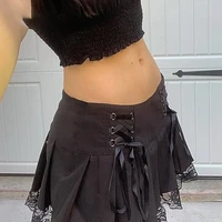 lace up goth y2k pleated skirt woman punk style dark academia aesthetic vintage 90s streetwear black dance mini skirts