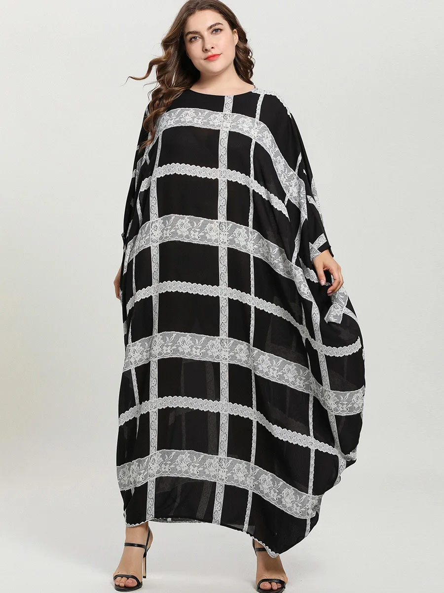 Plus Size Dresses for Women 4xl 5xl 6xl Casual Checked Lace Abaya Femme Patchwork Runway Robe Large Party Long Sleeve Clothing