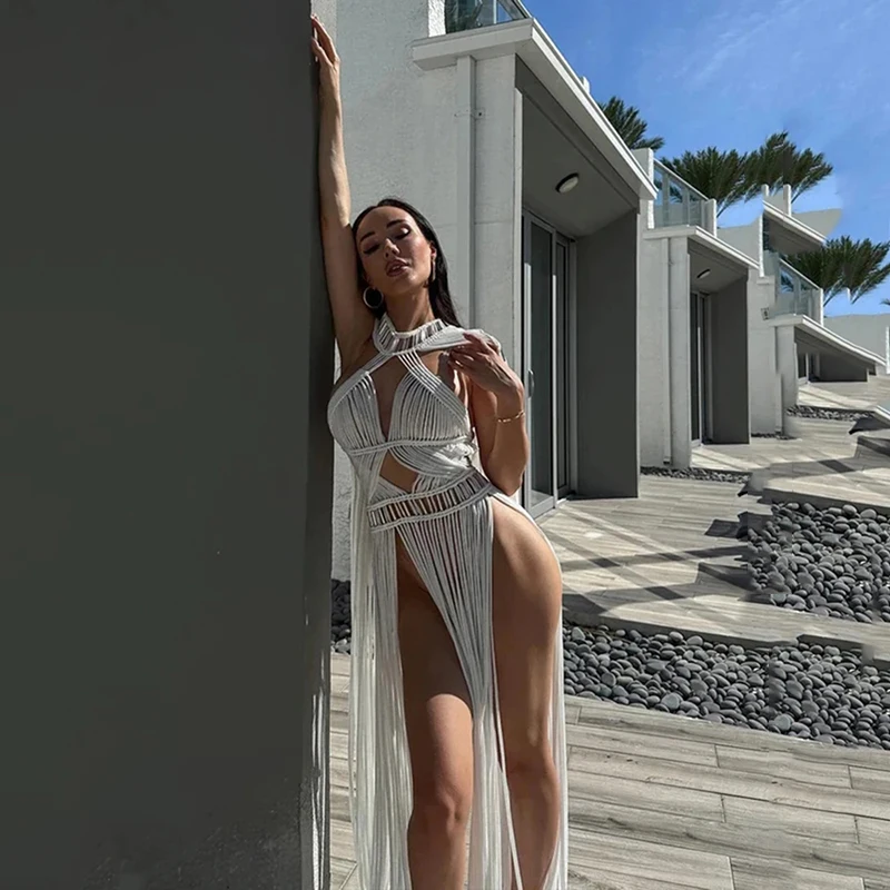 2023 New White Women's High Neck Long Tassel Sexy Perspective Design Dress Fashion Nightclub Birthday Party Dress Vestido Festa