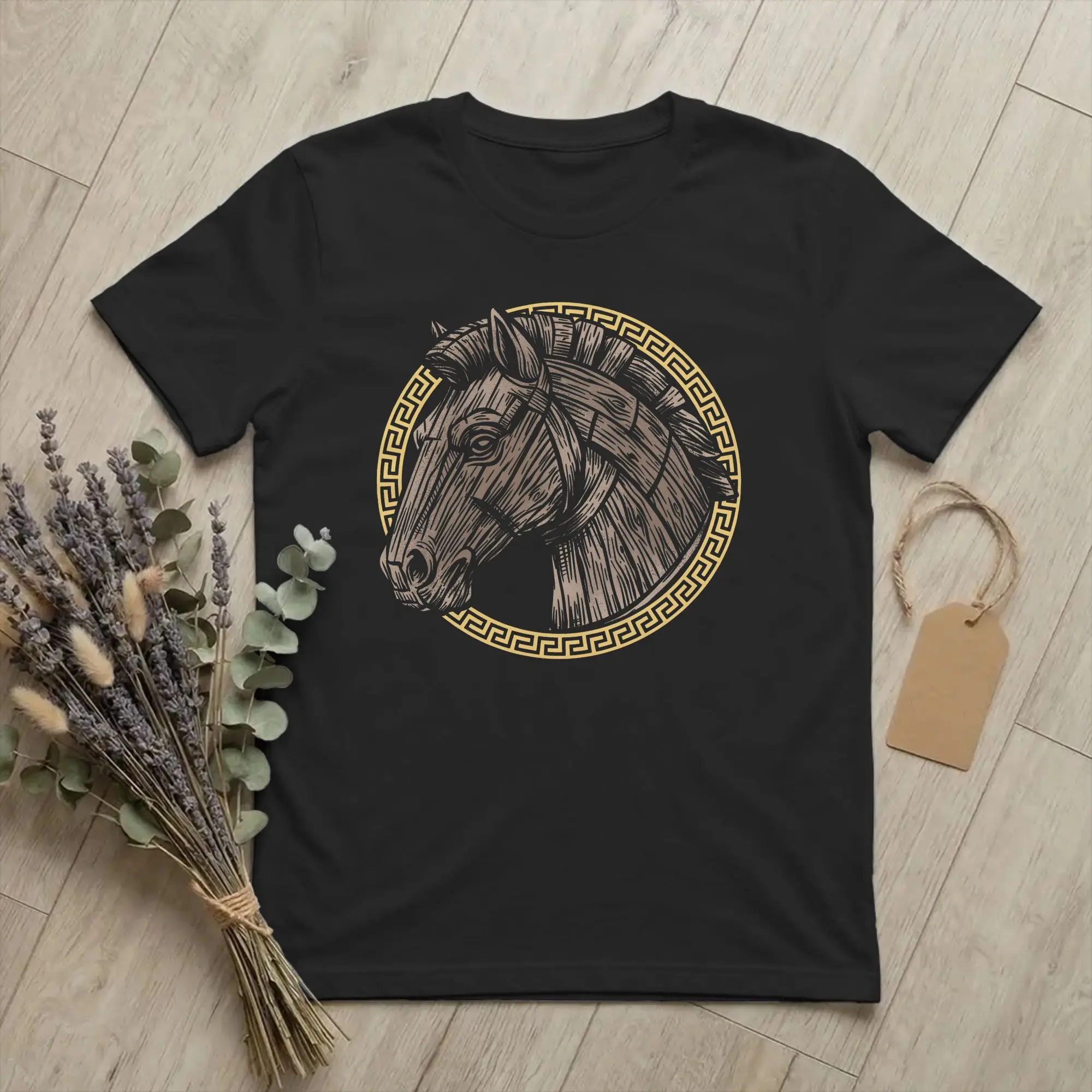 Фото Троянский конь, Одиссей, Грецкая мифология, футболка для мужчин, 100% хлопок, стильная футболка с круглым вырезом, короткий рукав, с принтом. №1